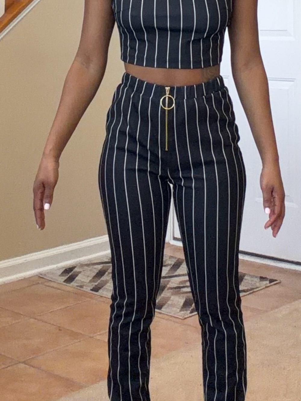 SHEIN Black Pinstripe High-Waist Skinny Pants with Gold Ring Zip